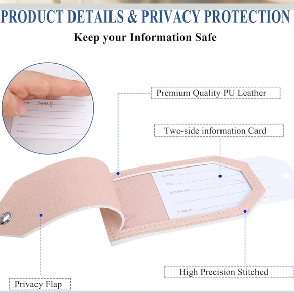 Leather Baggage Tags with Name ID Label Travel Essentials, Fun Pink 2- Pack - Picture 3 of 11